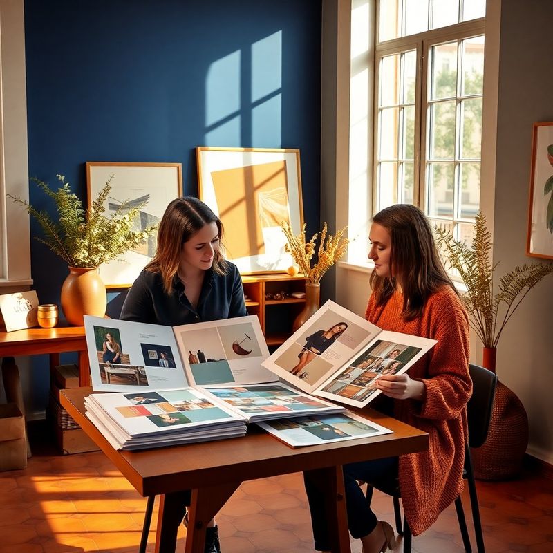 Dos profesionales editoriales revisando moodboards en un estudio de Zaragoza