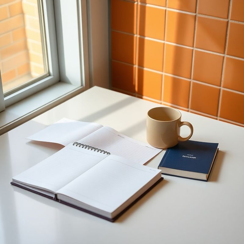 Escritorio minimalista con taza cerámica y libreta abierta bajo luz natural